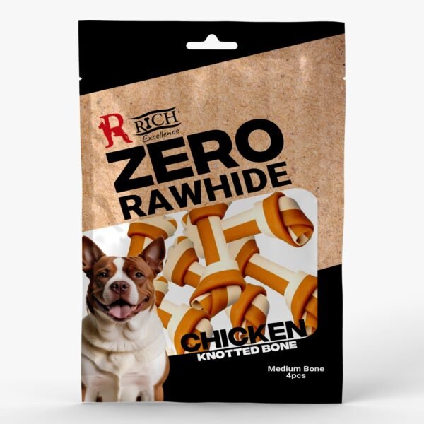Rich Excellence Zero Rawhide Chicken Dog Treats, Knotted Bone, 4 Pieces (Chicken Sticks 4 Pcs)